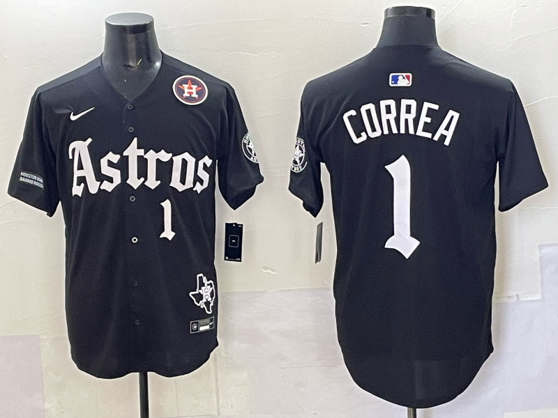Men 2025 Houston Astros 1 Correa black Game Nike MLB Jersey style 004